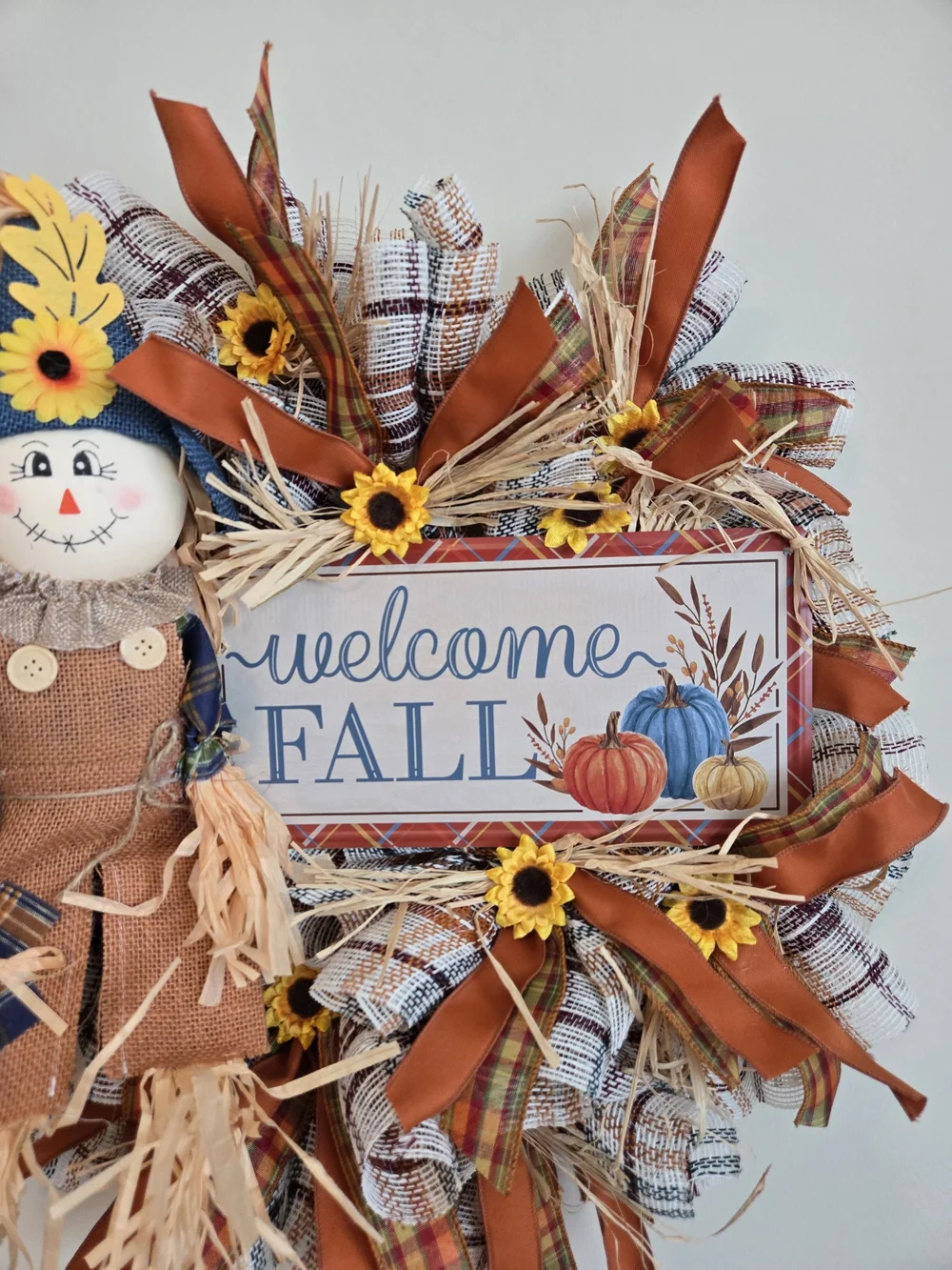 Welcome Fall Scarecrow Wreath with Orange & Blue Accents